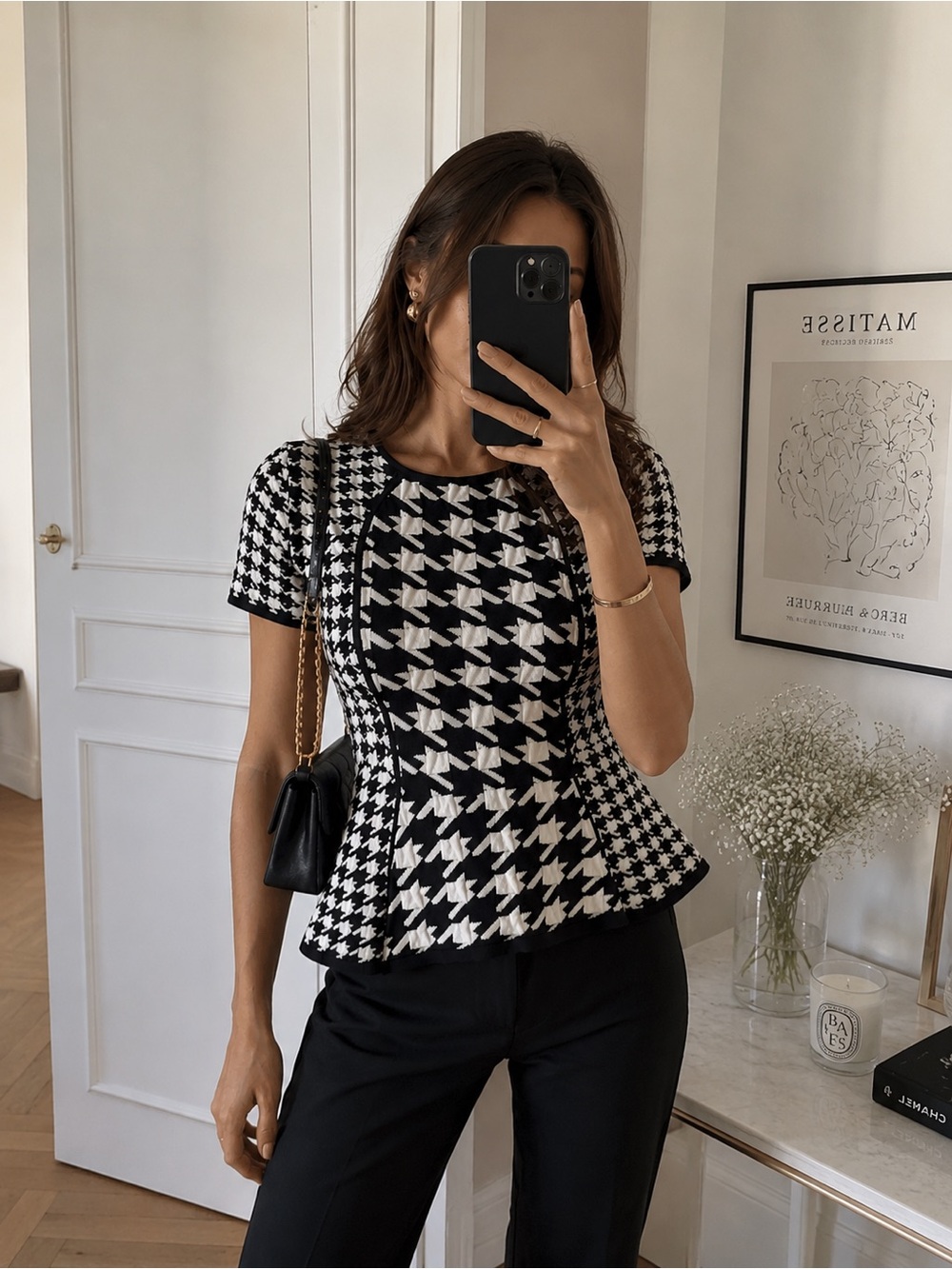 Elle Black & White Houndstooth Short Sleeve Tee
